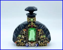 Vintage Black Czech Glass Jeweled & Gold Filigree Perfume Bottle. Marked Czech