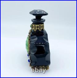 Vintage Black Czech Glass Jeweled & Gold Filigree Perfume Bottle. Marked Czech