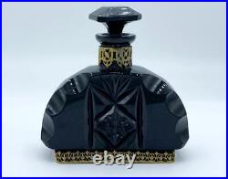 Vintage Black Czech Glass Jeweled & Gold Filigree Perfume Bottle. Marked Czech