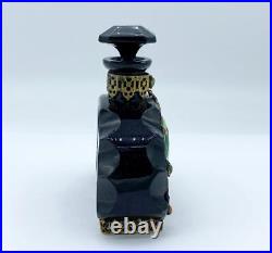 Vintage Black Czech Glass Jeweled & Gold Filigree Perfume Bottle. Marked Czech