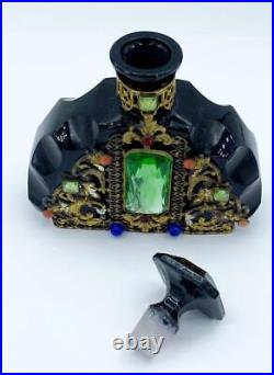 Vintage Black Czech Glass Jeweled & Gold Filigree Perfume Bottle. Marked Czech