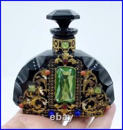 Vintage Black Czech Glass Jeweled & Gold Filigree Perfume Bottle. Marked Czech