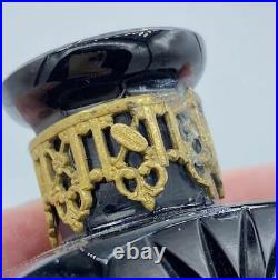 Vintage Black Czech Glass Jeweled & Gold Filigree Perfume Bottle. Marked Czech