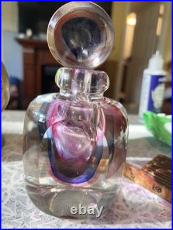 Vintage Blown Crystal Art Glass Perfume Bottle With Stopper Pink Purple Blue Clear