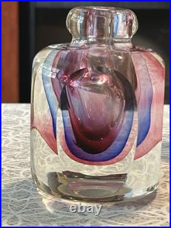 Vintage Blown Crystal Art Glass Perfume Bottle With Stopper Pink Purple Blue Clear
