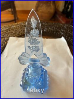 Vintage Blue Cut Glass Czech Perfume Bottle w Carved Flowers Label 6 High