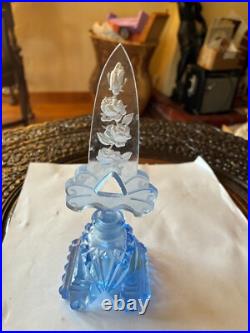 Vintage Blue Cut Glass Czech Perfume Bottle w Carved Flowers Label 6 High