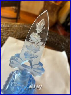 Vintage Blue Cut Glass Czech Perfume Bottle w Carved Flowers Label 6 High