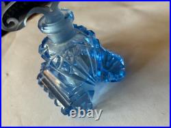 Vintage Blue Cut Glass Czech Perfume Bottle w Carved Flowers Label 6 High