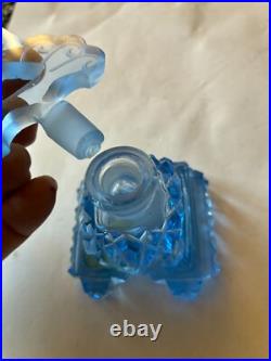 Vintage Blue Cut Glass Czech Perfume Bottle w Carved Flowers Label 6 High