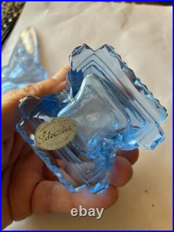 Vintage Blue Cut Glass Czech Perfume Bottle w Carved Flowers Label 6 High