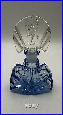 Vintage Blue Czech Decorative Perfume Bottle Bohemian Dancing Girl Cut Glass