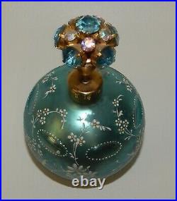 Vintage Blue Glass Enameled Floral Jeweled Perfume Scent Bottle Atomizer