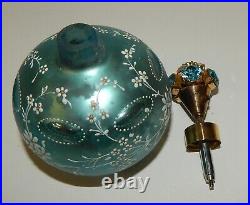 Vintage Blue Glass Enameled Floral Jeweled Perfume Scent Bottle Atomizer