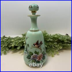 Vintage Blue OPALINE GLASS Dresser Perfume Scent Bottle Enameled Flower Birds
