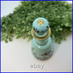 Vintage Blue OPALINE GLASS Dresser Perfume Scent Bottle Enameled Flower Birds