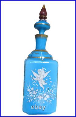 Vintage Blue Opaline Glass Perfume Bottle with Stopper FRANCE Enameled Cherub