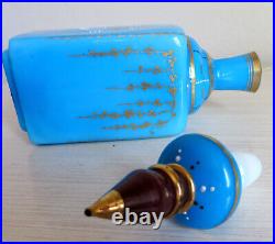 Vintage Blue Opaline Glass Perfume Bottle with Stopper FRANCE Enameled Cherub