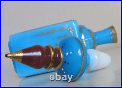 Vintage Blue Opaline Glass Perfume Bottle with Stopper FRANCE Enameled Cherub