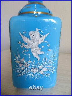 Vintage Blue Opaline Glass Perfume Bottle with Stopper FRANCE Enameled Cherub