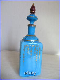 Vintage Blue Opaline Glass Perfume Bottle with Stopper FRANCE Enameled Cherub