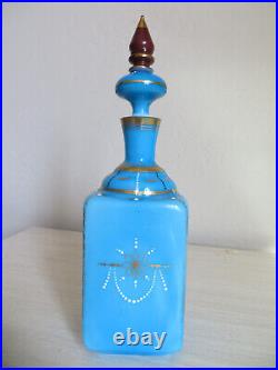 Vintage Blue Opaline Glass Perfume Bottle with Stopper FRANCE Enameled Cherub