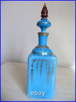 Vintage Blue Opaline Glass Perfume Bottle with Stopper FRANCE Enameled Cherub