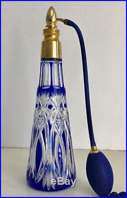 Vintage Bohemian Cobalt Blue Cased Cut To Clear Crystal Atomizer Perfume Bottle