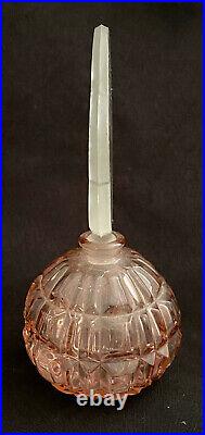Vintage Bohemian Czech Art Deco Pink Cut Glass Perfume Bottle Frosted Roses Top