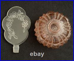 Vintage Bohemian Czech Art Deco Pink Cut Glass Perfume Bottle Frosted Roses Top