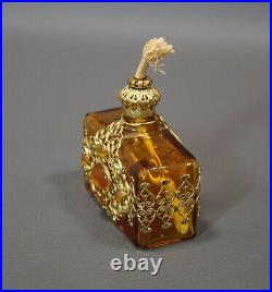 Vintage Bohemian Czech Jeweled Gilt Filigree Amber Glass Perfume Oil Lamp Bottle