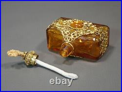 Vintage Bohemian Czech Jeweled Gilt Filigree Amber Glass Perfume Oil Lamp Bottle