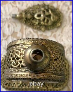 Vintage Bow & Figural Vanity Perfume Bottle Filigree Ormolu Gold with Glass Insert