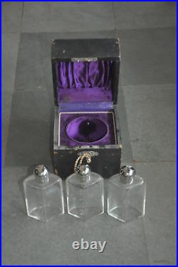 Vintage Boxed 3 Pc Fine Glass Perfume Bottles With Etching Work, Britain