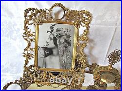 Vintage Brass Ormolu Vanity Set Tray, Picture Frame, Perfume Bottle, Jewelry Box