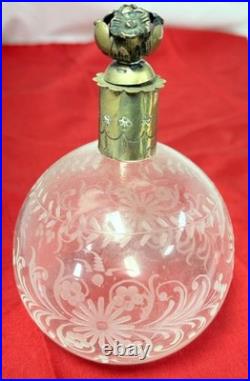 Vintage Brass Top Etched Crystal Perfume Bottle Decanter