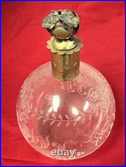 Vintage Brass Top Etched Crystal Perfume Bottle Decanter