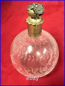 Vintage Brass Top Etched Crystal Perfume Bottle Decanter