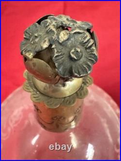 Vintage Brass Top Etched Crystal Perfume Bottle Decanter
