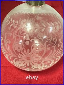 Vintage Brass Top Etched Crystal Perfume Bottle Decanter