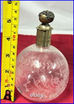 Vintage Brass Top Etched Crystal Perfume Bottle Decanter