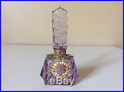 Vintage CZECH Art Deco Cut Crystal Purple PERFUME BOTTLE Gold Gilt Jewel Mounts