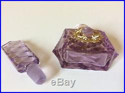 Vintage CZECH Art Deco Cut Crystal Purple PERFUME BOTTLE Gold Gilt Jewel Mounts