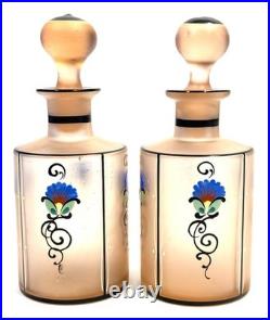 Vintage CZECH Pink Frosted Pair Hand Painted Blown Art Glass Perfume Bottles 55o