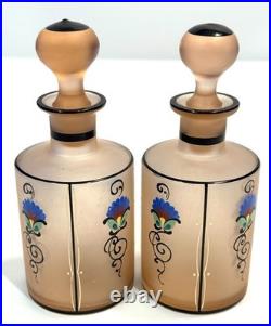 Vintage CZECH Pink Frosted Pair Hand Painted Blown Art Glass Perfume Bottles 55o