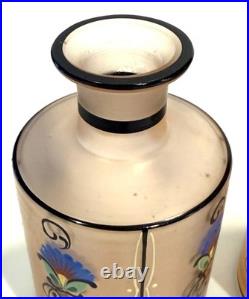 Vintage CZECH Pink Frosted Pair Hand Painted Blown Art Glass Perfume Bottles 55o