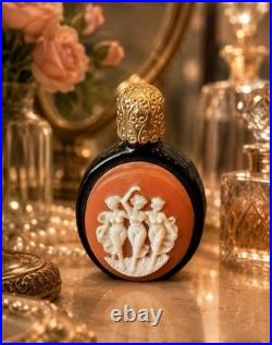 Vintage Cameo Style Perfume Bottle Black Glass, Gold Filigree Austrian Vanity