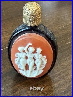 Vintage Cameo Style Perfume Bottle Black Glass, Gold Filigree Austrian Vanity