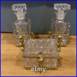 Vintage Cherub Ormolu Cut Crystal Glass Perfume Bottles & Jewelry Box 3 Pc Set