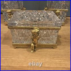 Vintage Cherub Ormolu Cut Crystal Glass Perfume Bottles & Jewelry Box 3 Pc Set